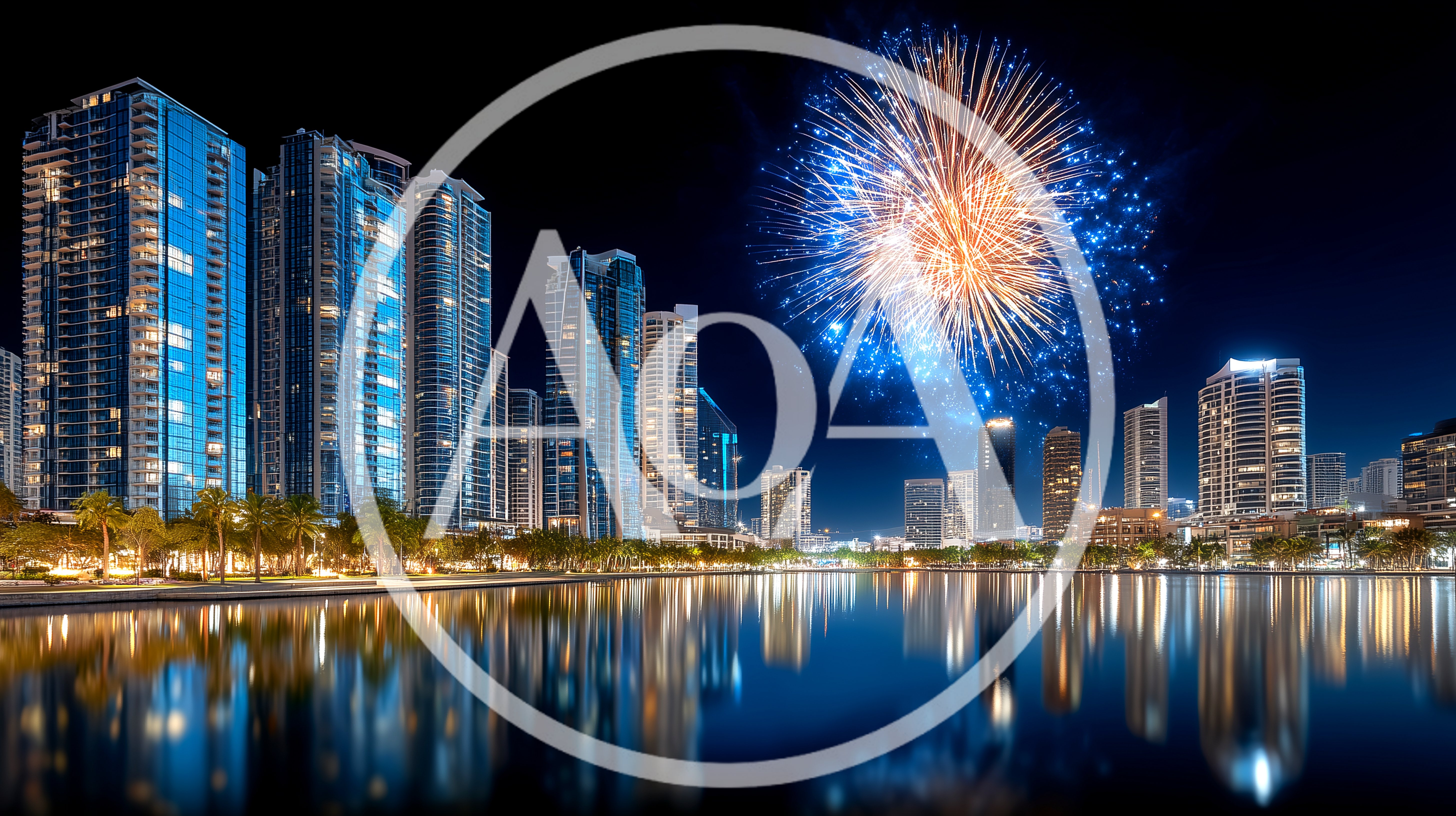 Fireworks Display Over Modern City Skyline At Night
