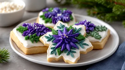 Festive Decorated Sugar Cookies With Purple Poinsettia Frosting