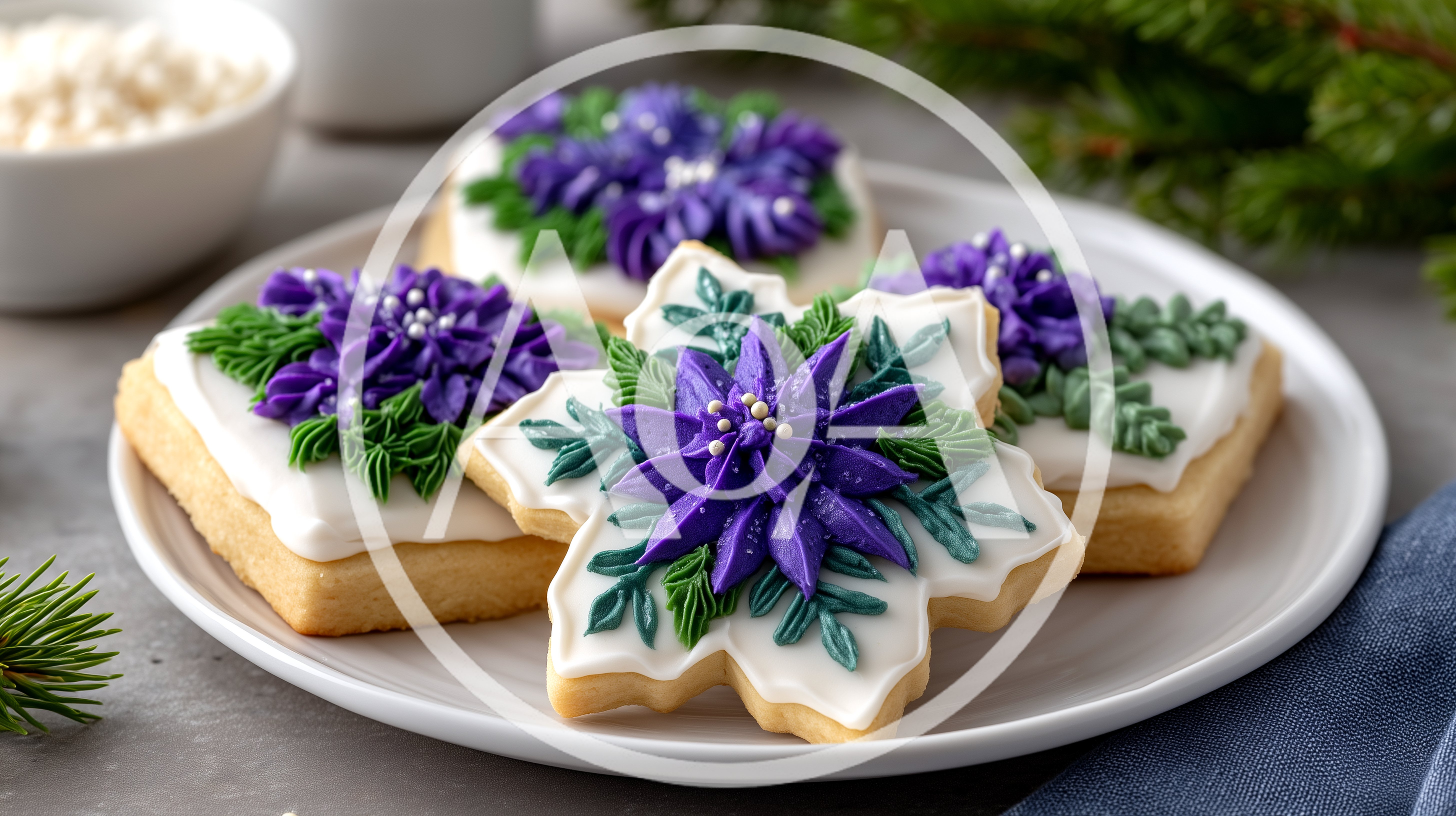 Festive Decorated Sugar Cookies With Purple Poinsettia Frosting