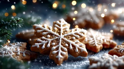 Snowflake Shaped Gingerbread Cookies With White Icing