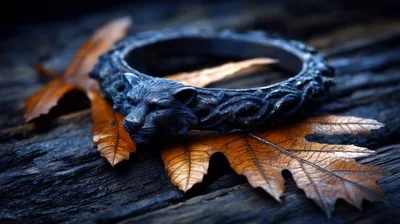 Ornate Metal Wolf Ring Resting On Autumn Leaves