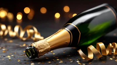 Champagne Bottle With Gold Ribbons And Confetti