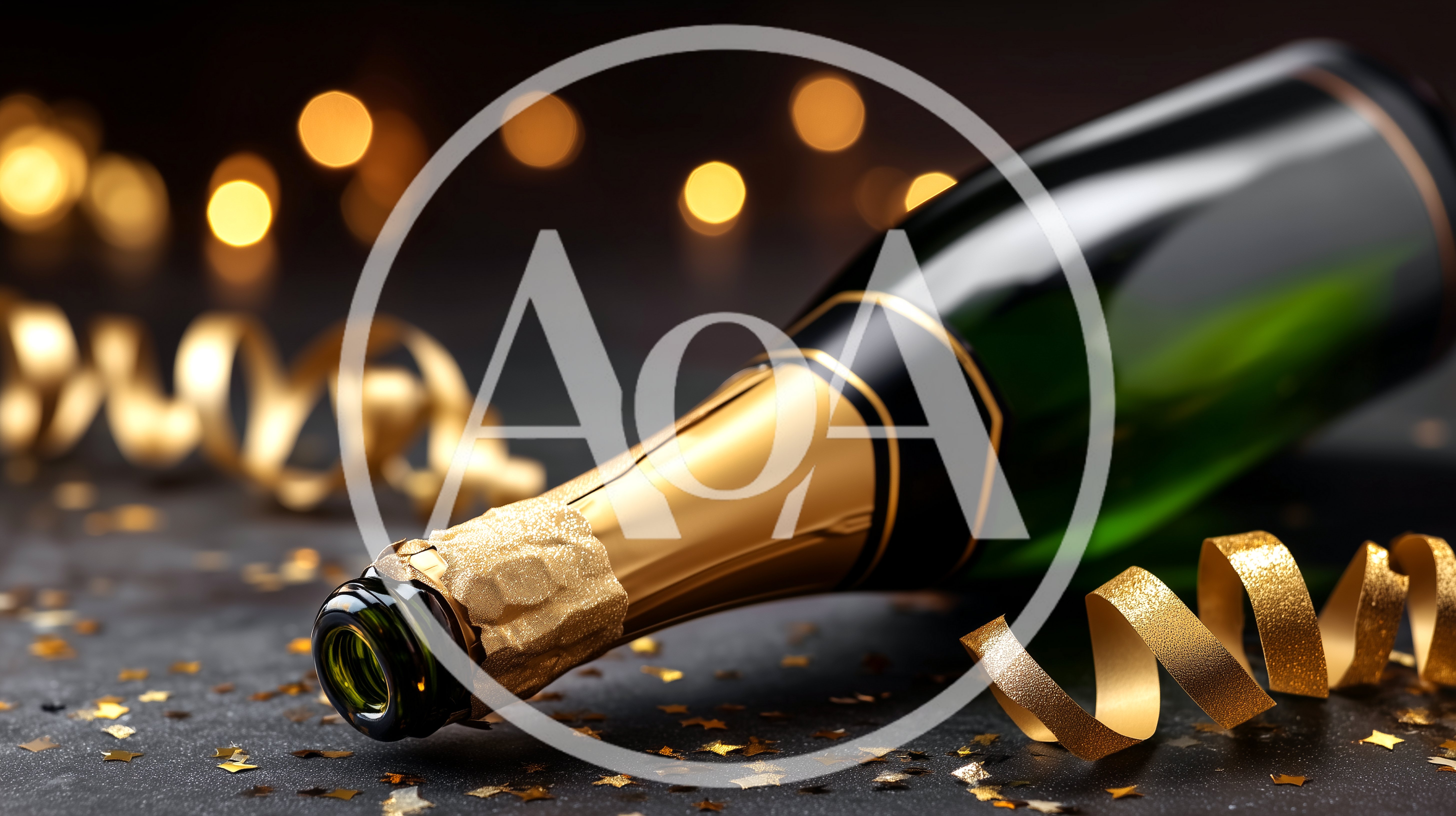 Champagne Bottle With Gold Ribbons And Confetti