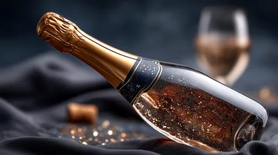 Champagne Bottle With Gold Flakes On Dark Fabric