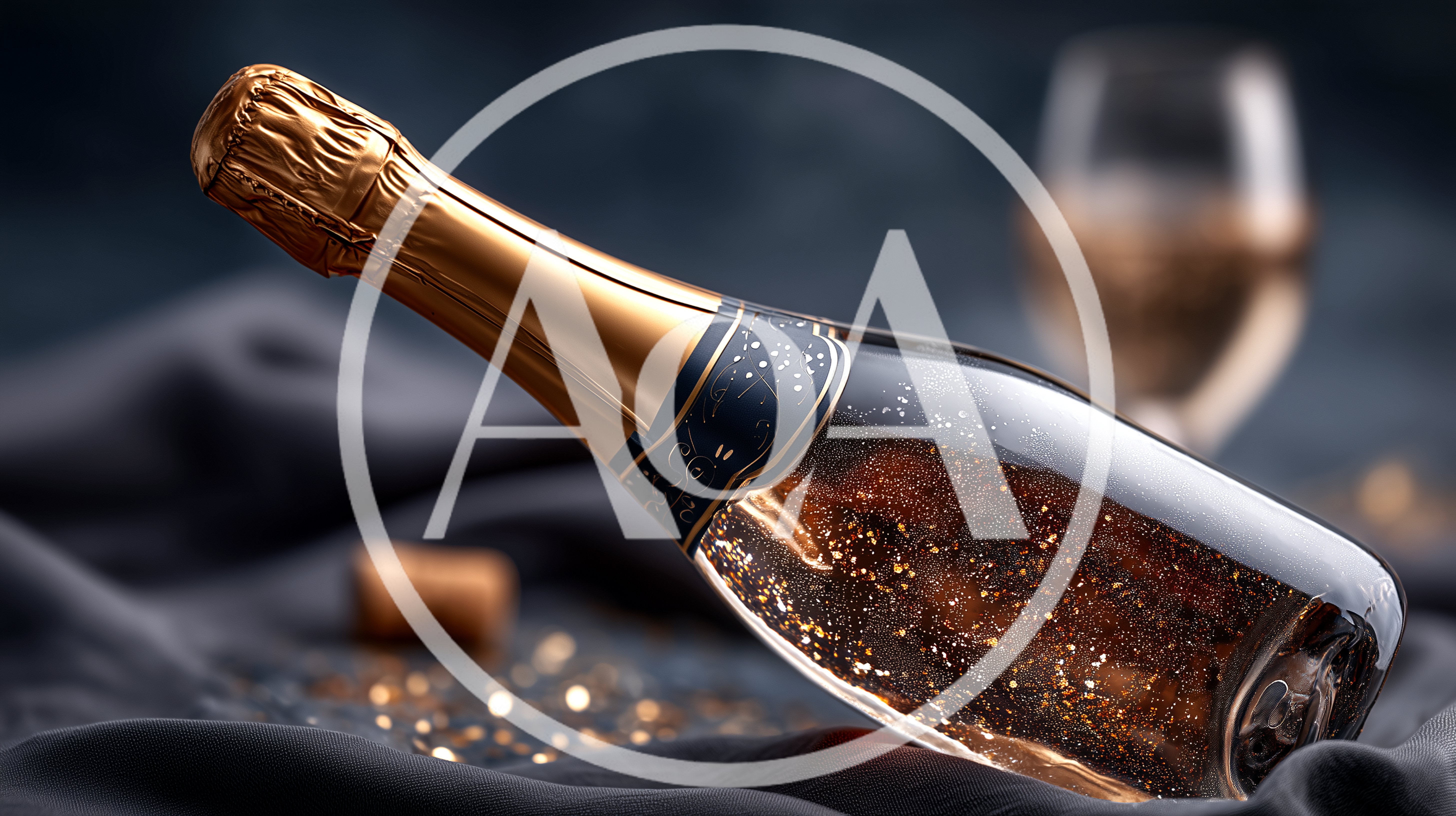 Champagne Bottle With Gold Flakes On Dark Fabric