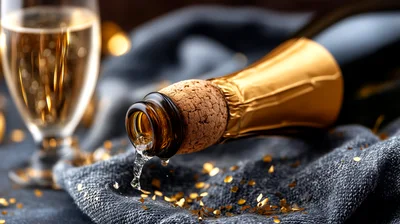 Champagne Bottle With Cork And Spilling Liquid
