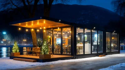Modern Glass Cafe Pavilion At Night In Winter