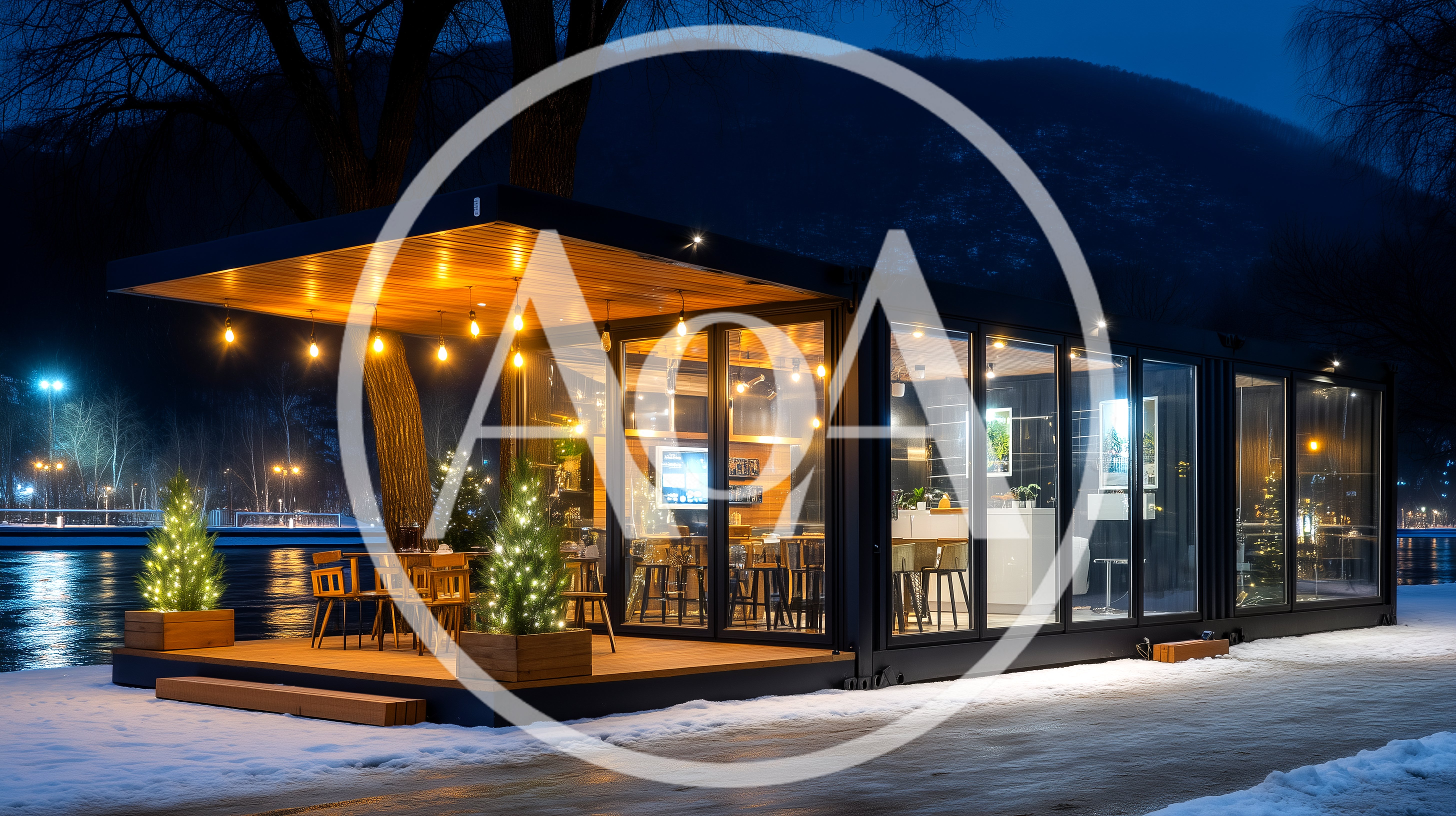 Modern Glass Cafe Pavilion At Night In Winter