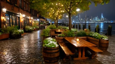 Outdoor Waterfront Restaurant Seating At Night