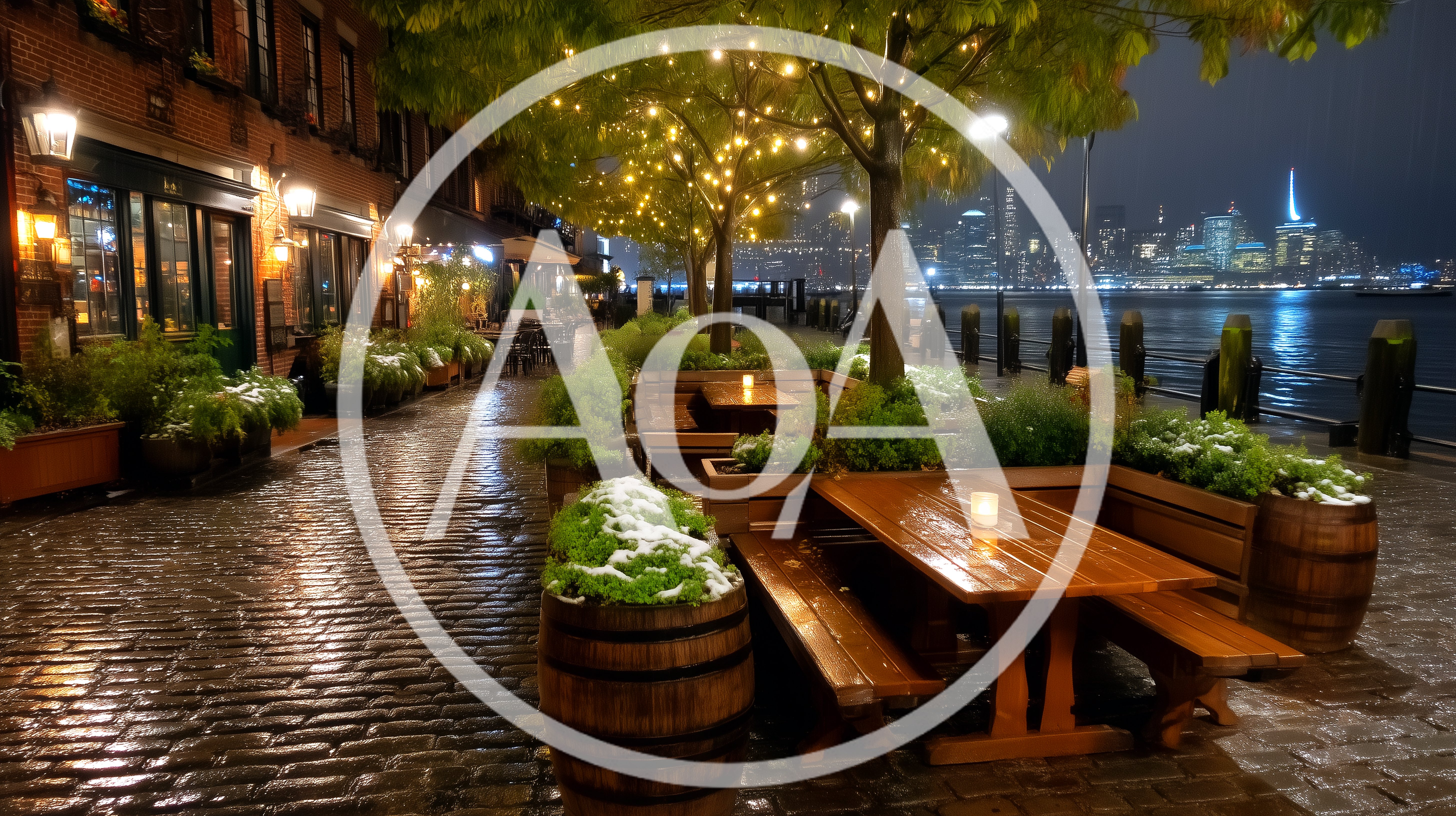 Outdoor Waterfront Restaurant Seating At Night