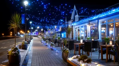 Outdoor Restaurant Terrace Decorated With Blue Christmas Lights