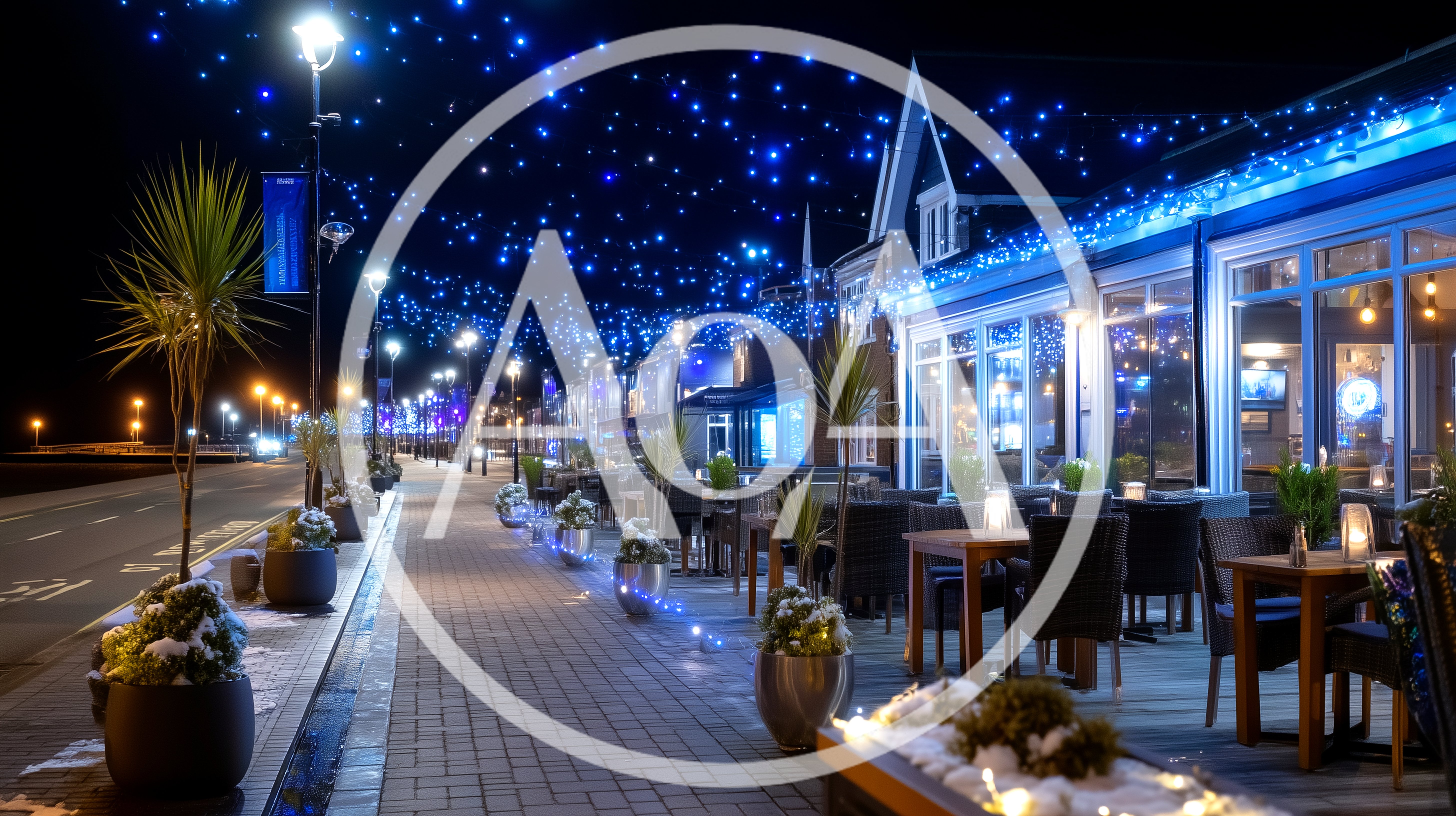 Outdoor Restaurant Terrace Decorated With Blue Christmas Lights