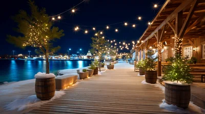 Winter Waterfront Boardwalk With Festive String Lights