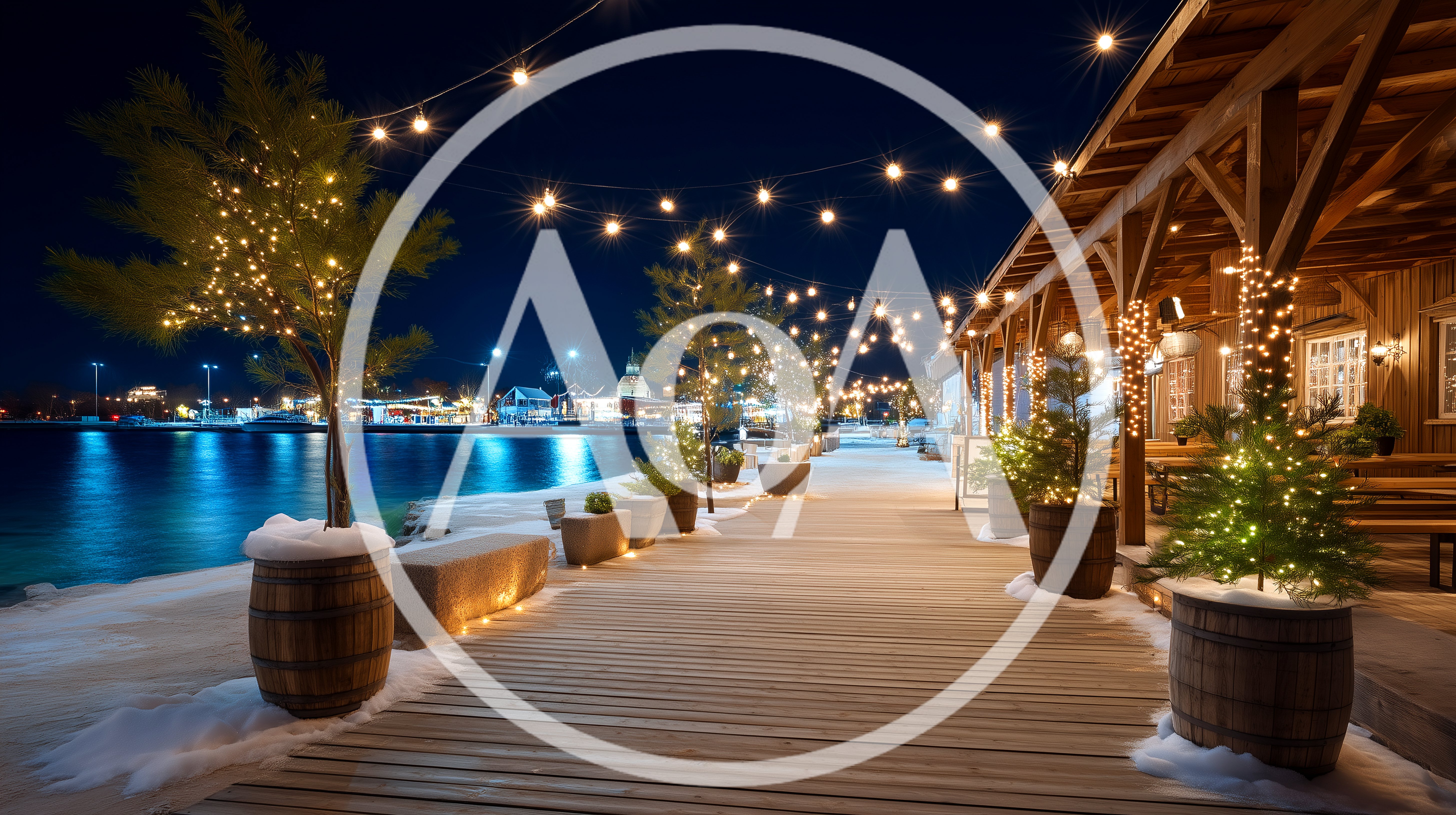 Winter Waterfront Boardwalk With Festive String Lights
