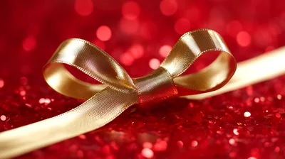 Golden Ribbon Bow On Red Glitter Background