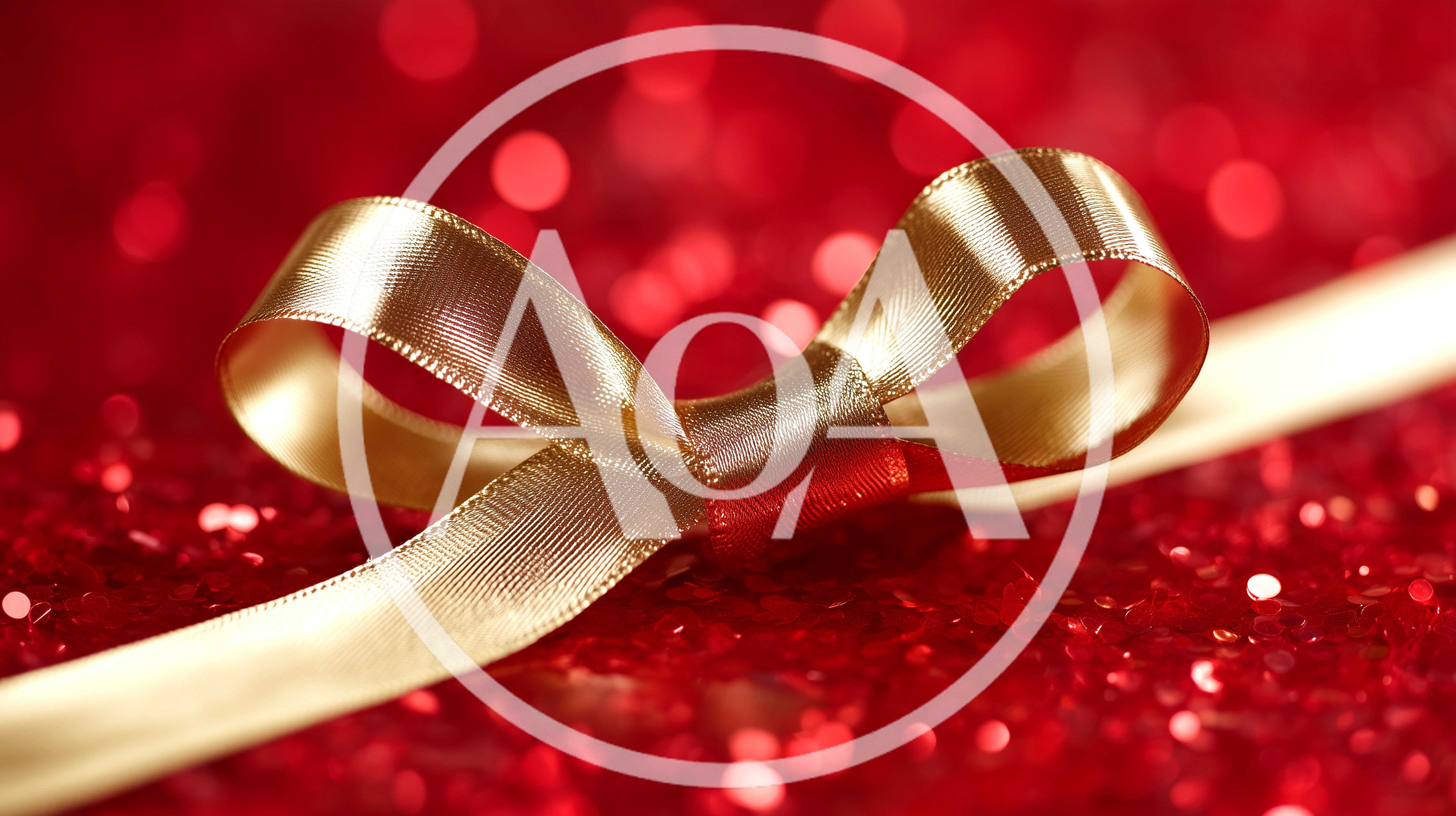 Golden Ribbon Bow On Red Glitter Background