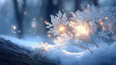 Glowing Snowflake Ornaments On Snowy Tree Branch