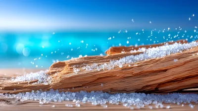 Sea Salt Crystals Scattered On Weathered Driftwood