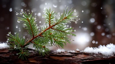 Pine Branch With Raindrops And Snow In Winter Forest
