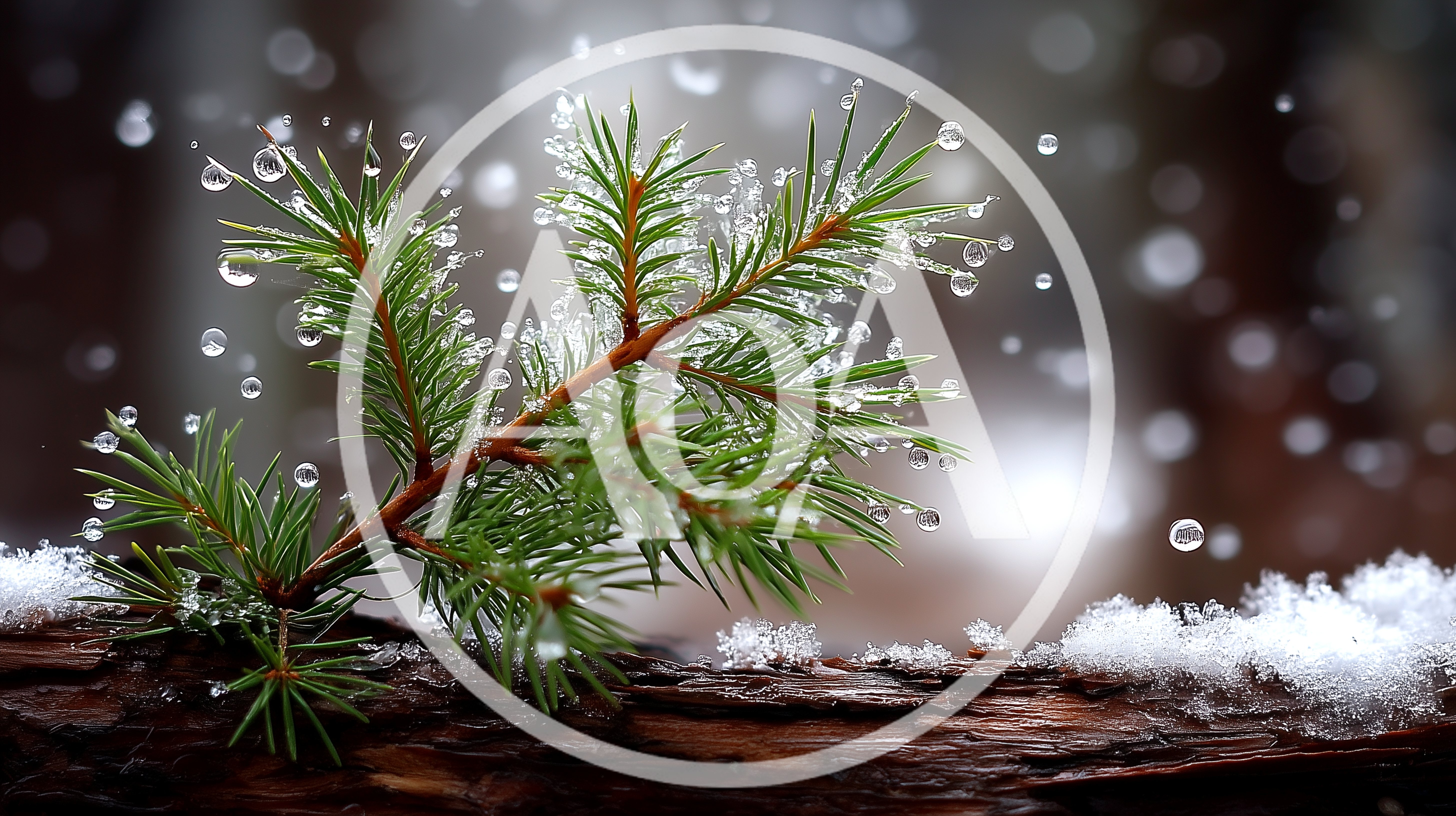Pine Branch With Raindrops And Snow In Winter Forest