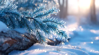 Frost Covered Pine Branch In Snowy Winter Forest