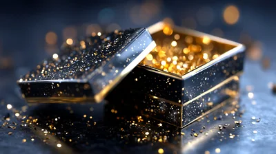 Open Black Gift Box With Gold Glitter