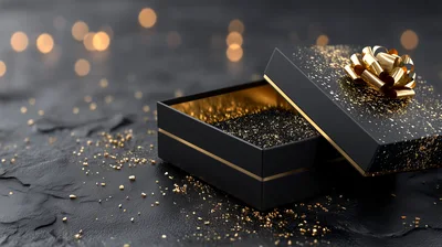 Open Black Gift Box With Gold Glitter