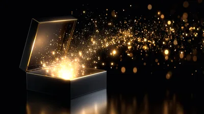 Open Black Gift Box With Magical Golden Sparkles