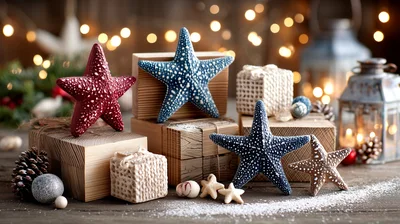 Coastal Christmas Decorations With Starfish And Gifts