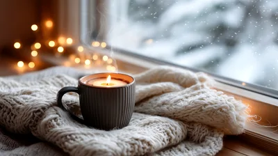 Cozy Candle Burning In A Mug On A Winter Window
