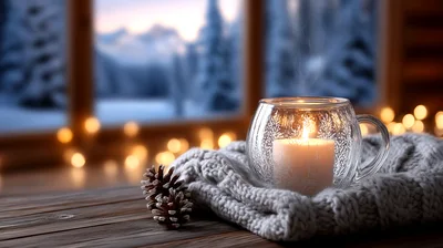 Cozy Winter Candle In Glass Mug On Wooden Table