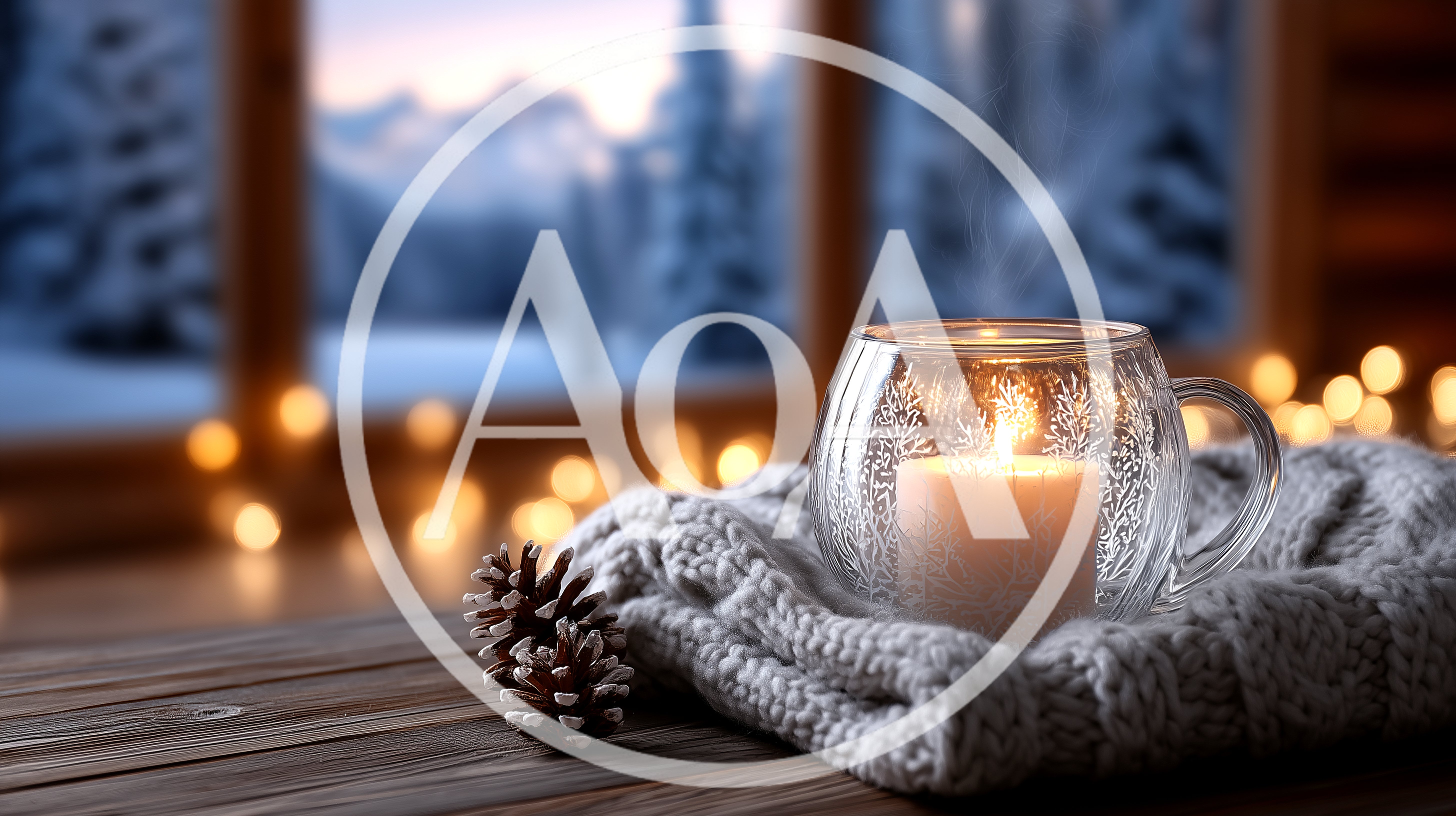 Cozy Winter Candle In Glass Mug On Wooden Table