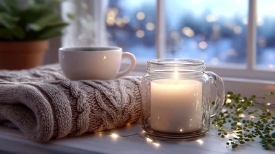 Cozy Winter Scene With Steaming Coffee And Candle