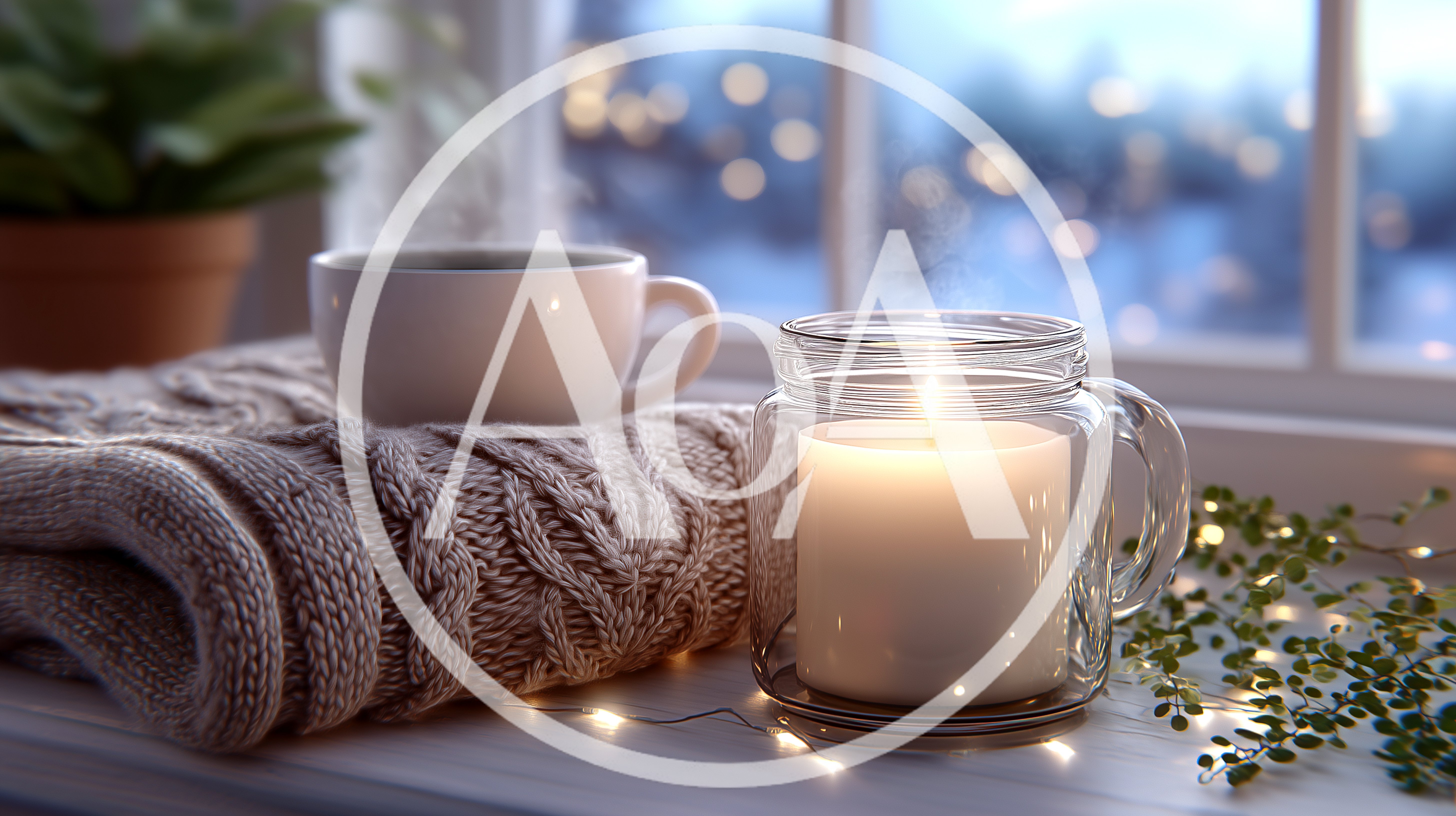 Cozy Winter Scene With Steaming Coffee And Candle