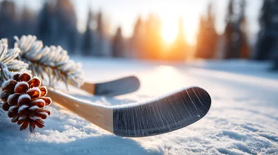 Ice Hockey Sticks Resting On Snowy Ground