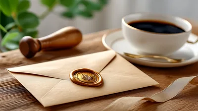 Wax Sealed Envelope With Coffee On Wooden Table