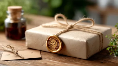 Gift Box Wrapped In Brown Paper With Wax Seal