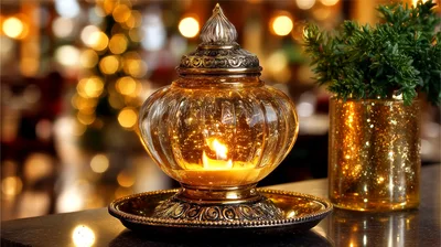 Decorative Glass Candle Lantern With Warm Glowing Flame