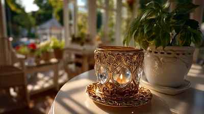 Ornate Gold Candle Holder With Lit Candle