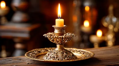 Lit Candle In Ornate Brass Holder On Wooden Table