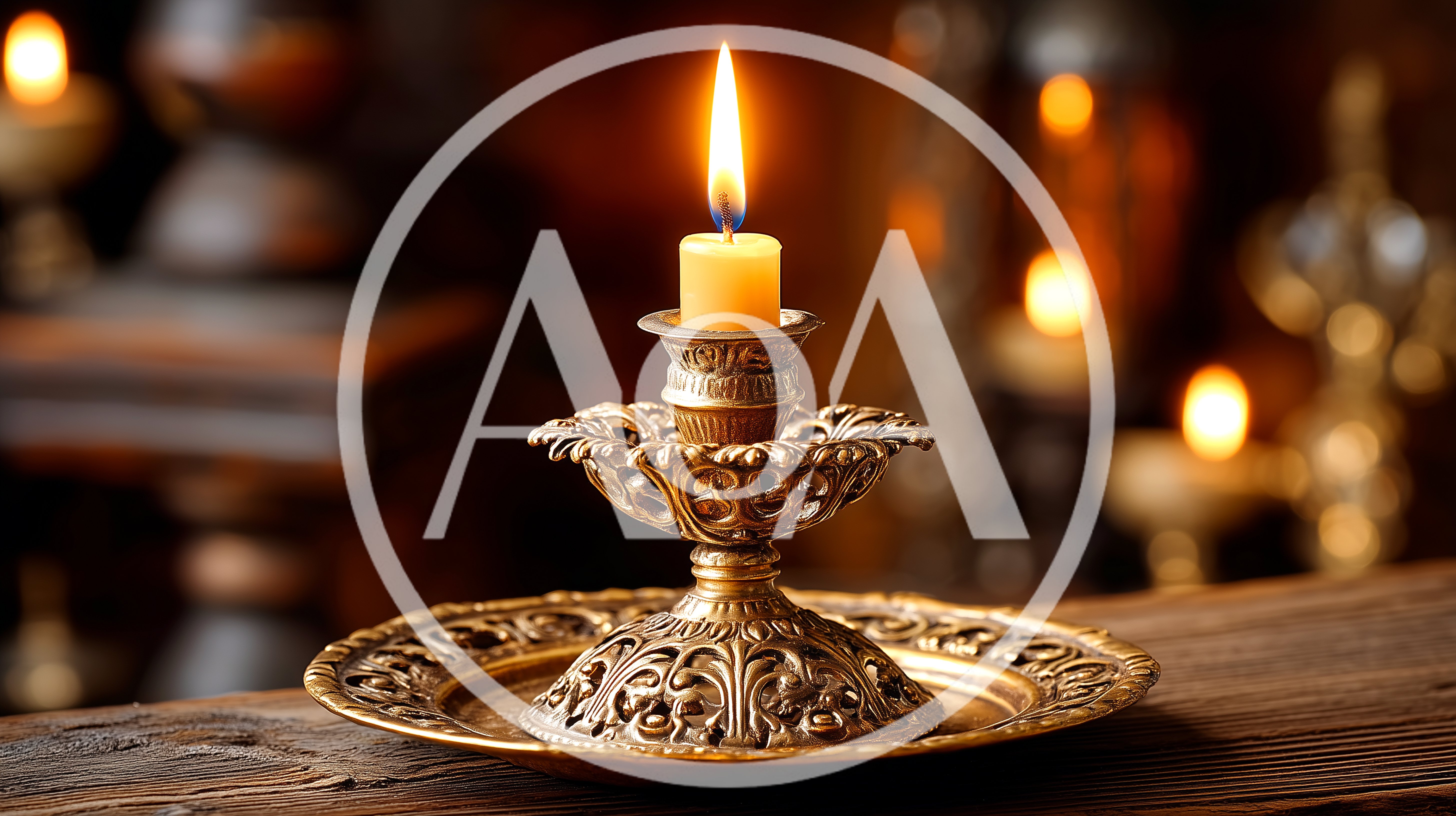 Lit Candle In Ornate Brass Holder On Wooden Table