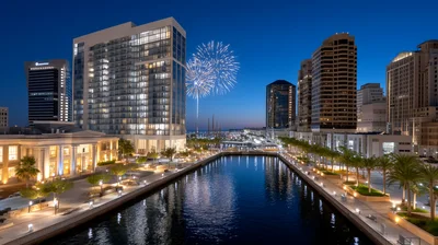 Fireworks Over The Waterfront At Night
