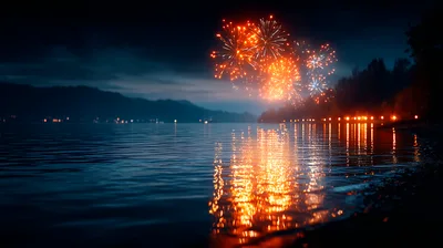 Fireworks Display Over A Calm Lake At Night