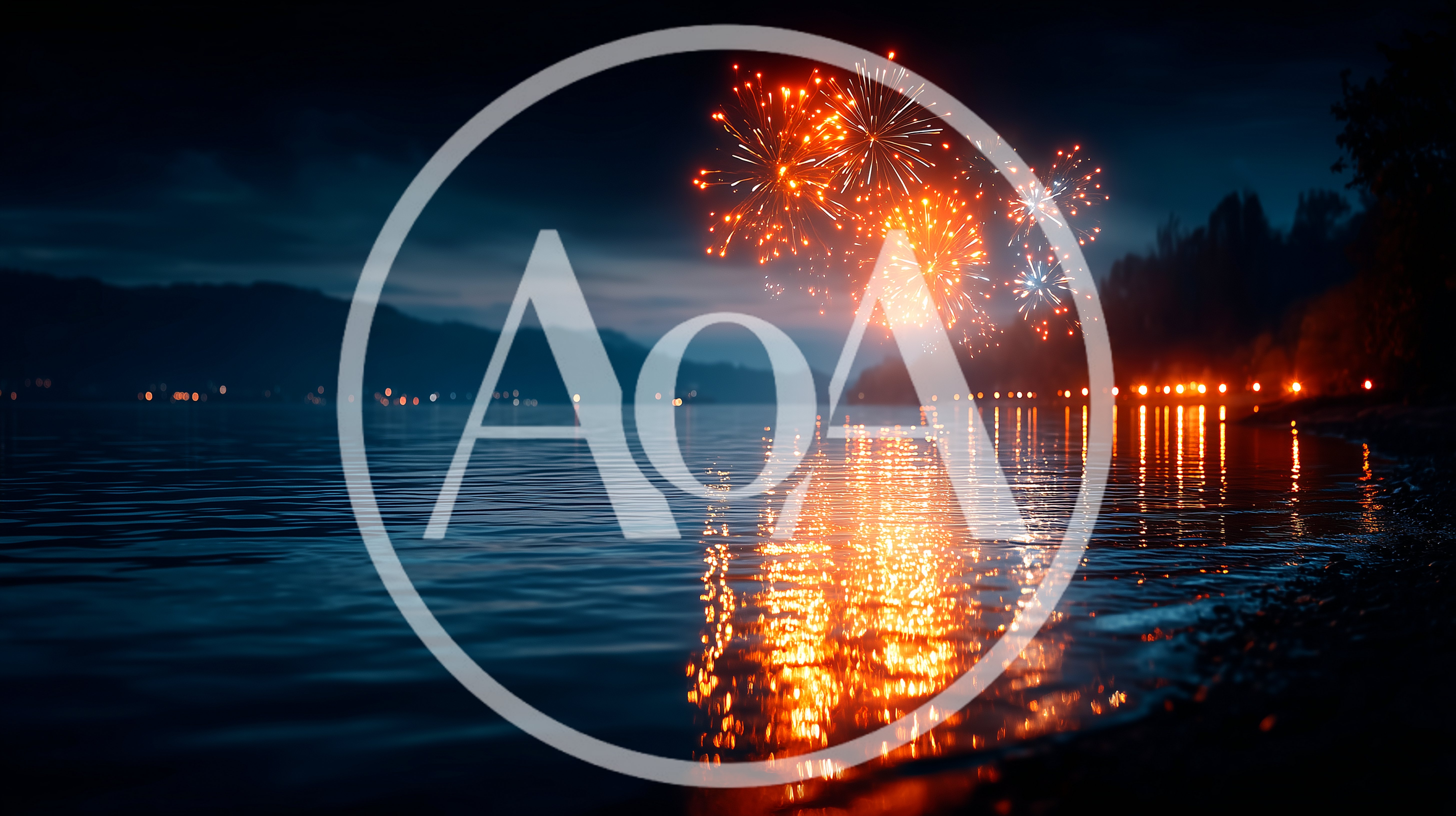 Fireworks Display Over A Calm Lake At Night