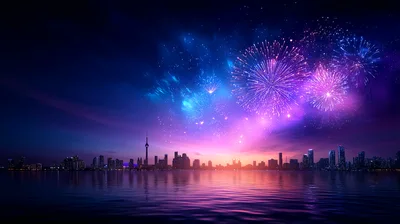 Toronto Skyline Fireworks Display Over Lake Ontario