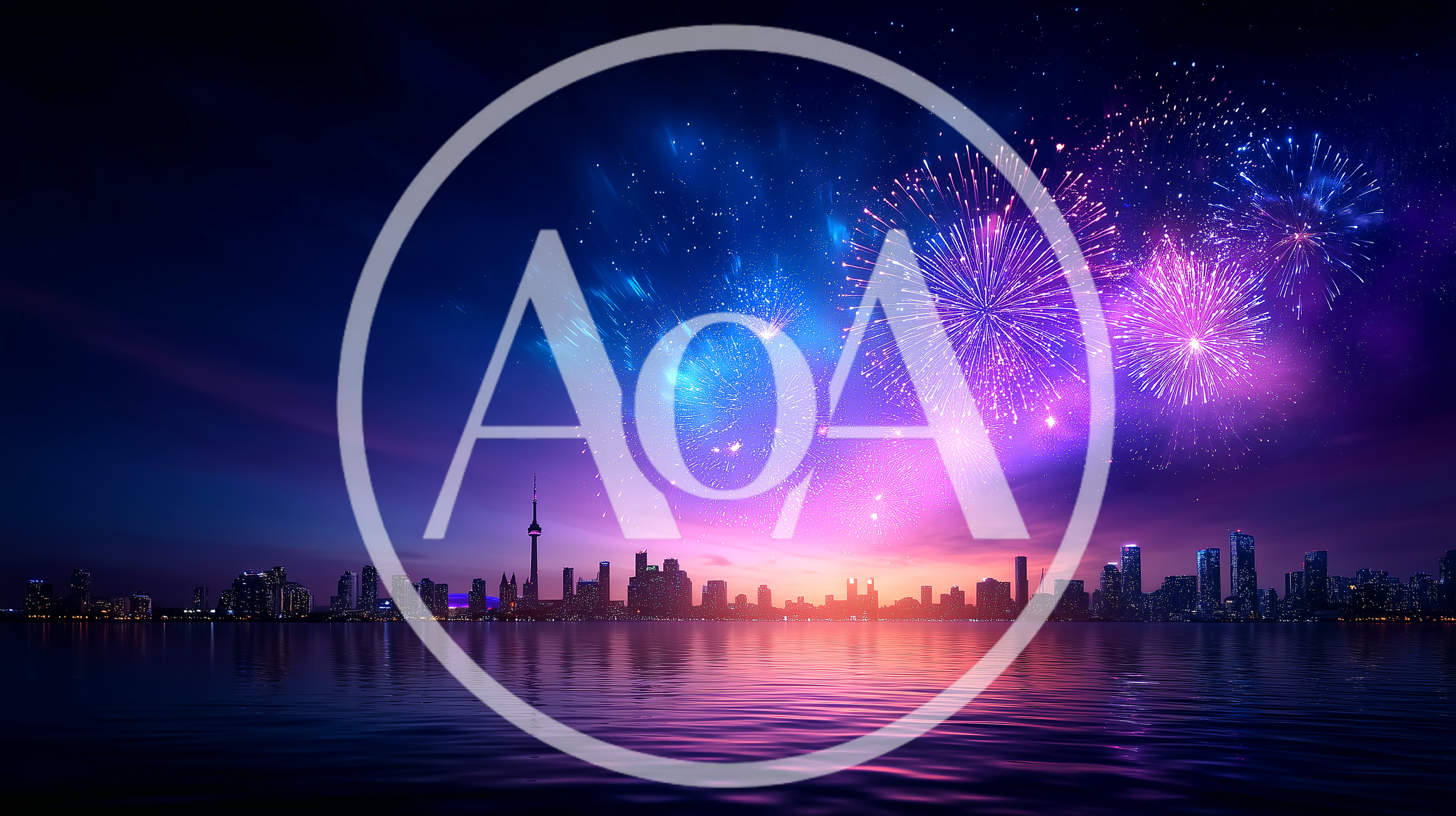 Toronto Skyline Fireworks Display Over Lake Ontario