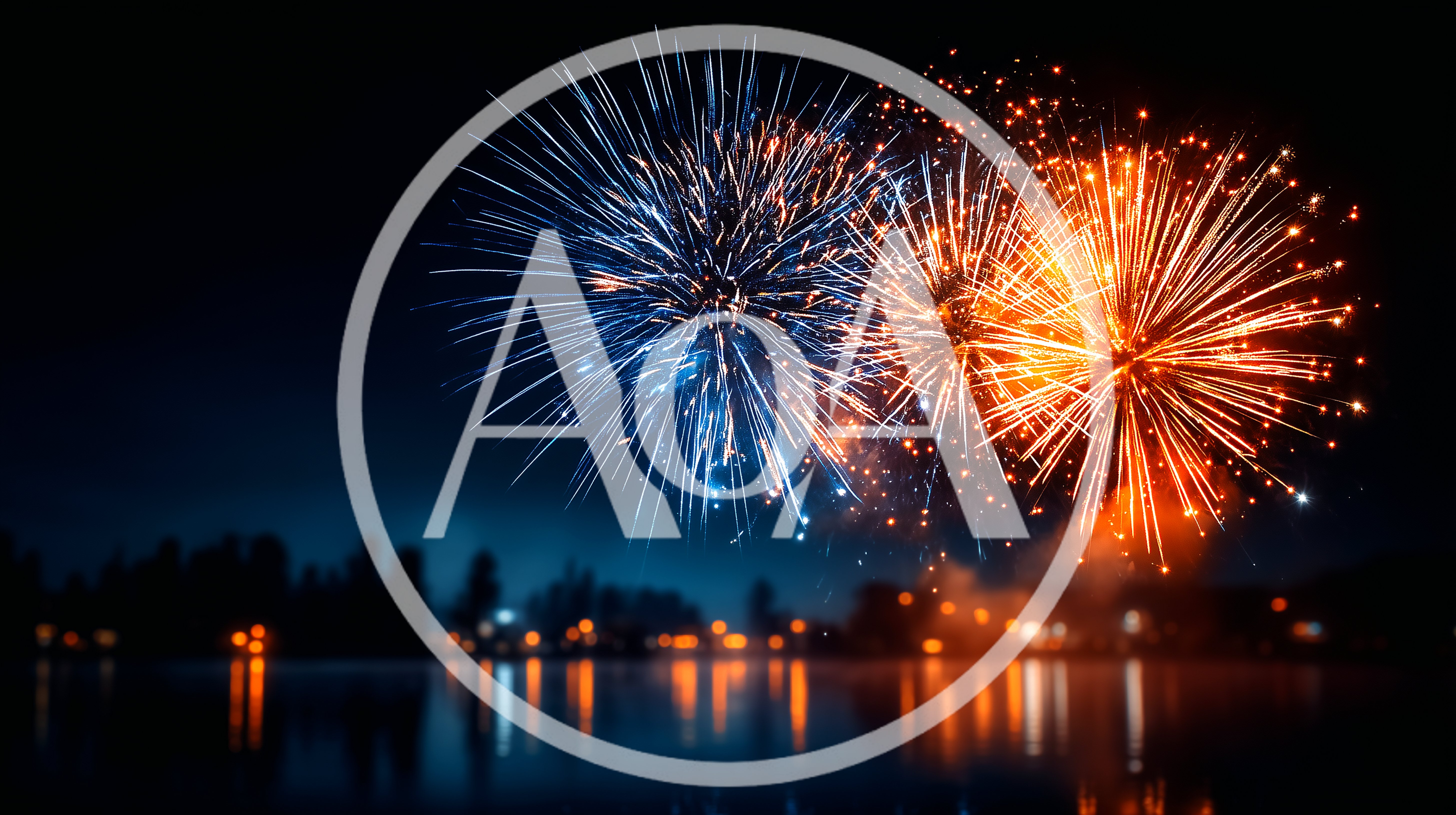 Vibrant Fireworks Display Over A Calm Lake At Night