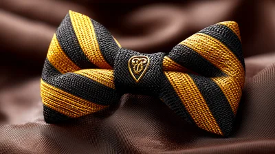 Striped Black and Gold Bow Tie with Emblem