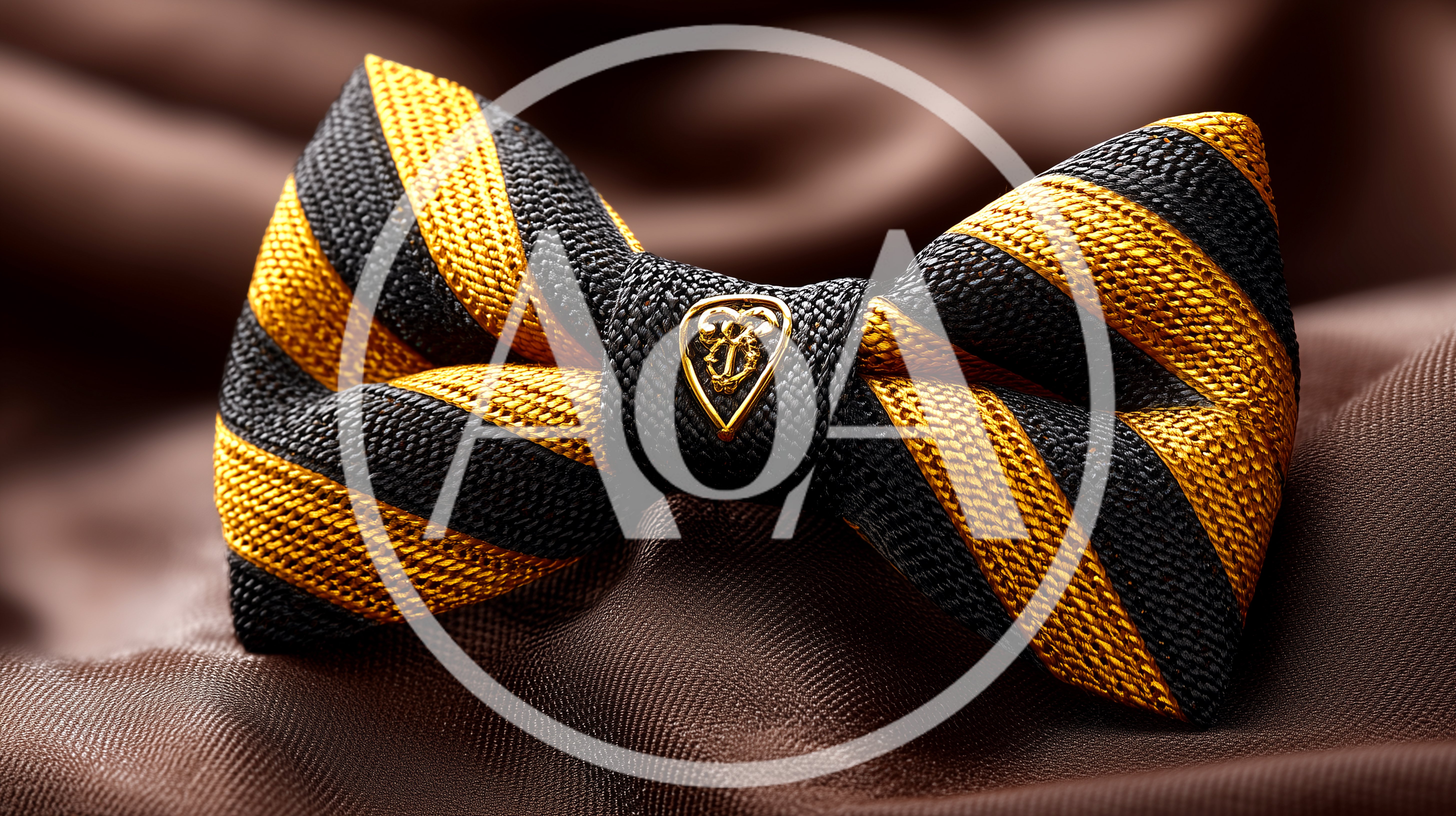 Striped Black and Gold Bow Tie with Emblem