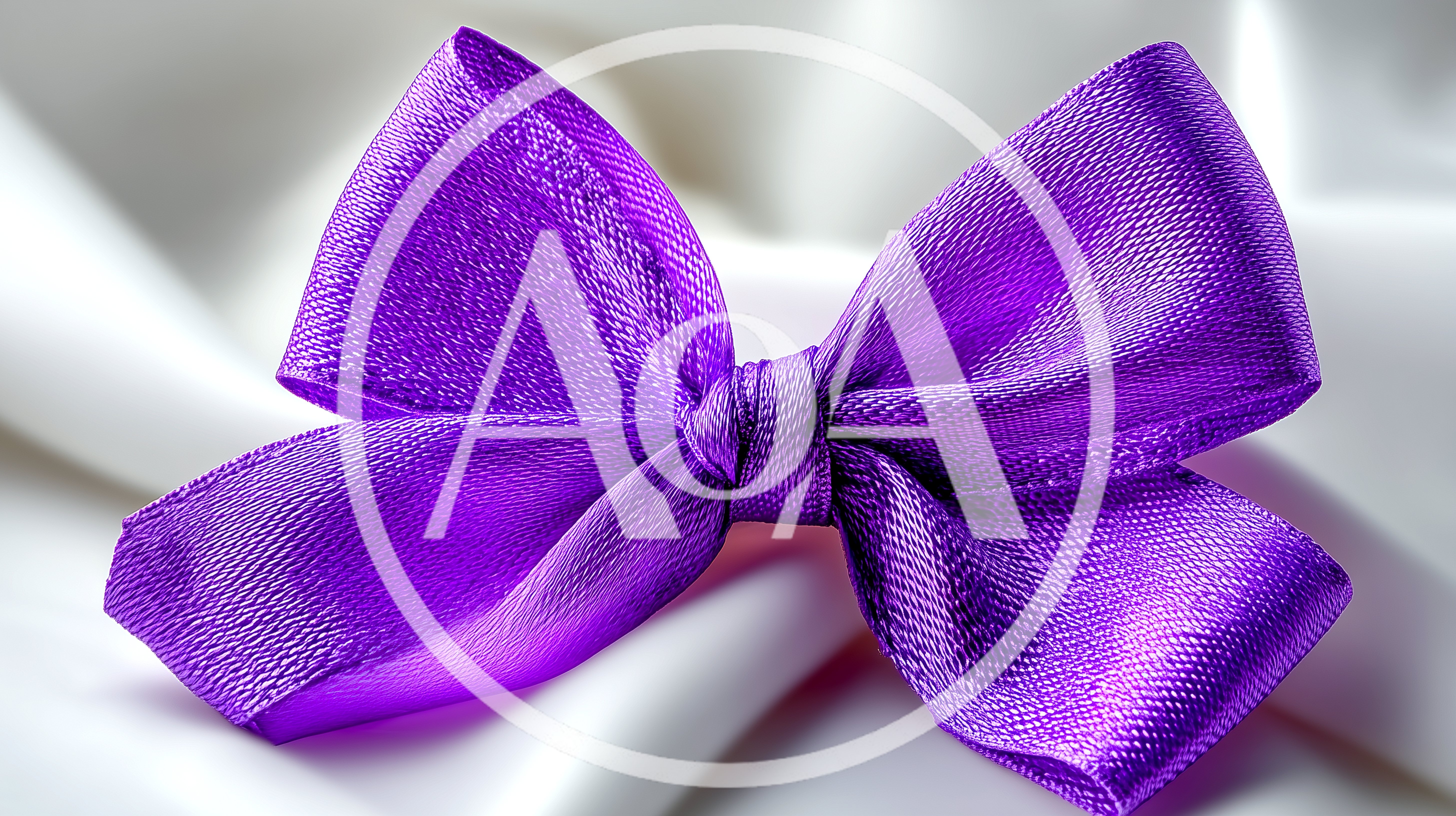 Vibrant Purple Satin Ribbon Bow On White Fabric